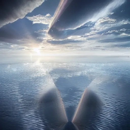 Image similar to Extremely detailed photo-realistic reflections of A Beautiful organic super structure emerging from crepuscular rays by erik johansson