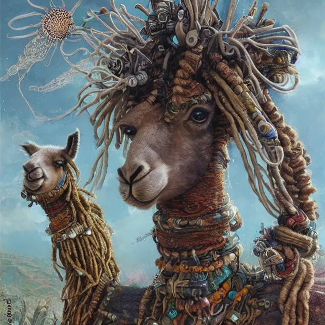 Prompt: llama with dreadlocks, industrial sci-fi, by Mandy Jurgens, Ernst Haeckel, James Jean