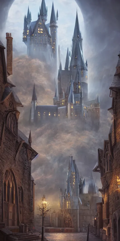 Image similar to mysterious painting of Hogwarts, immaculate scale, hyper-realistic, Unreal Engine, Octane Render, digital art, trending on Artstation, 16k, detailed, atmospheric, immaculate