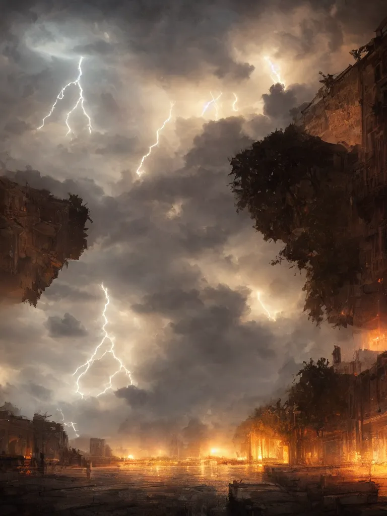 Image similar to epic scenery ancient city of troy under a sky full of lightning, intricate, elegant, volumetric lighting, digital painting, highly detailed, artstation, sharp focus, illustration, concept art, ruan jia, steve mccurry