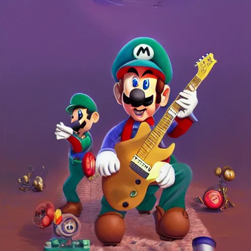 Prompt: Mario Bros playing the guitar with the Beatles Band, intricate, elegant, highly detailed, digital painting, artstation, concept art, matte, illustration, art by Artgerm and Greg Rutkowski and Alphonse Mucha, Simon Stalenhag, hyperreal