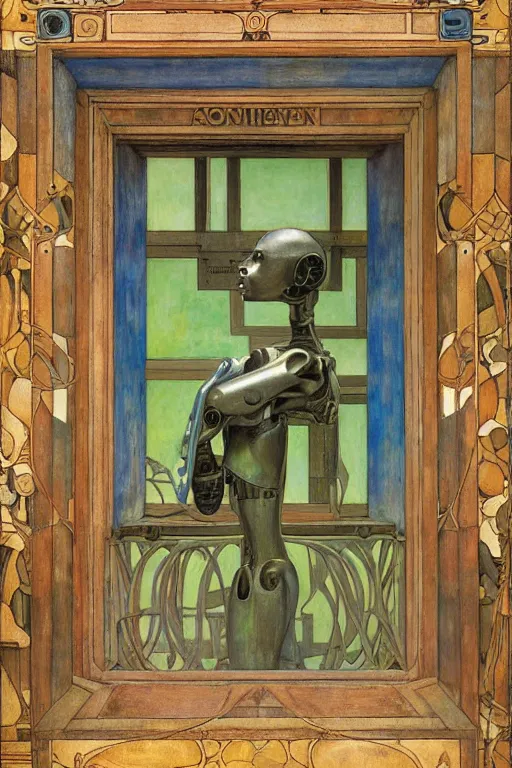 Image similar to the robot wearing her bone crown stands by the window , by Annie Swynnerton and Diego Rivera and Elihu Vedder, symbolist, dramatic lighting, elaborate geometric ornament, Art Brut, soft blues and greens,smooth, sharp focus, extremely detailed, Adolf Wölfli and Evelyn De Morgan