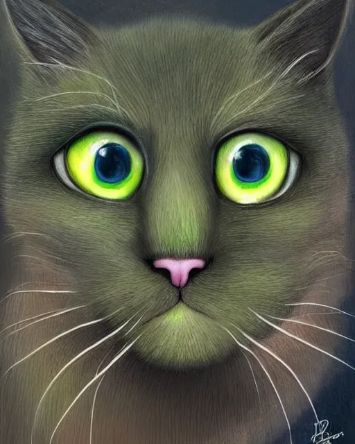 Prompt: a cute cat with large green eyes with a huge afro on its head, by aaron blaise