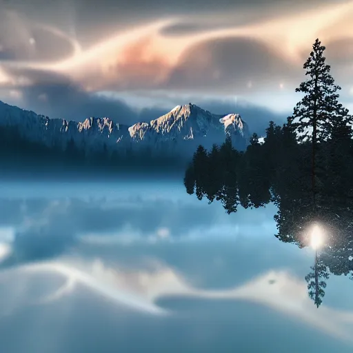 Prompt: epic crystalline taiga with a lake, golden hour, misty ground, rocky ground, distant mountains, atmospheric perspective, altostratus clouds, planets, cinematic, 3 5 mm lens, anamorphic lens flare, photographic, octane render, cinematography by roger deakins, in the style of ansel adams