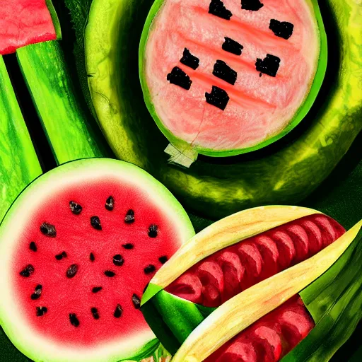Prompt: meat made from pineapple, sausage and watermelon in digital art style, 8k, ps5
