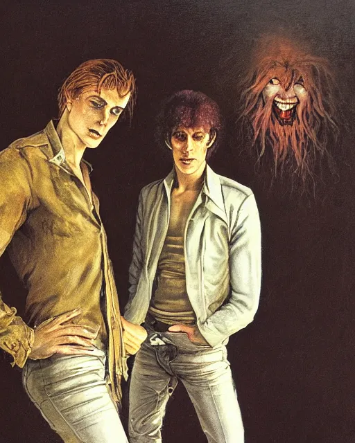 Image similar to two handsome but sinister young men in layers of fear, with haunted eyes and wild hair, 1 9 7 0 s, seventies, wallpaper, a little blood, moonlight showing injuries, delicate embellishments, painterly, offset printing technique, by john howe, brom, robert henri, walter popp