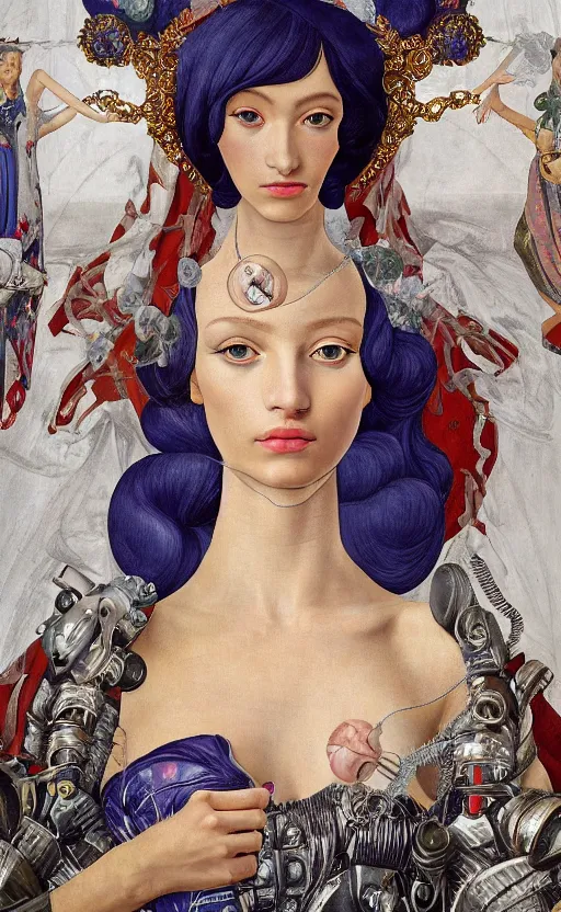 Prompt: beautifully painted mural of a stunning young cyborg muse in ornate royal garment, transparent linen fabric, space opera, beautiful ornaments, highly detailed, glowing eyes, sci fi setting, vogue cover poses, fashion magazine, mural in the style of sandro botticelli, caravaggio, albrecth durer