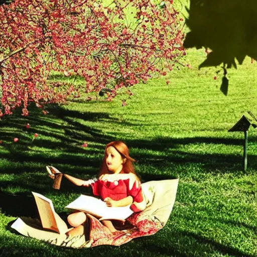 Prompt: a girl reading a book under an apple tree in summer. folk horror. shadow play