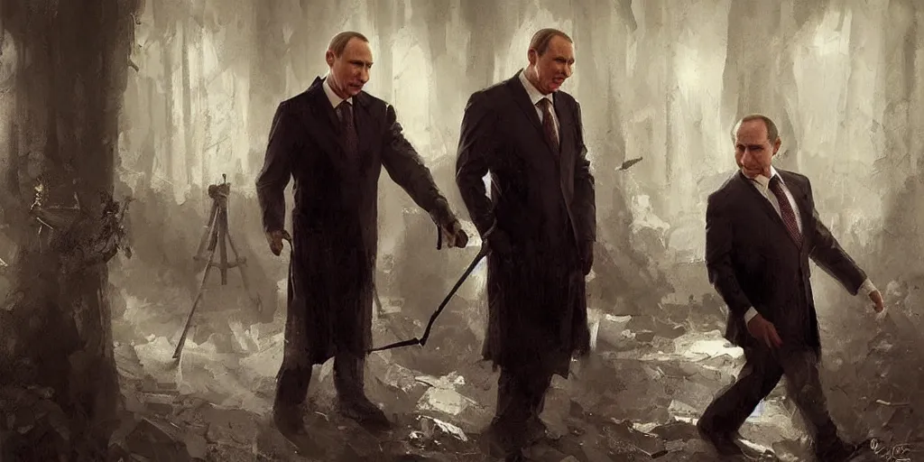 Prompt: picture vladimir putin play with serghei lavrov as a puppet marionete, painting by greg rutkowski