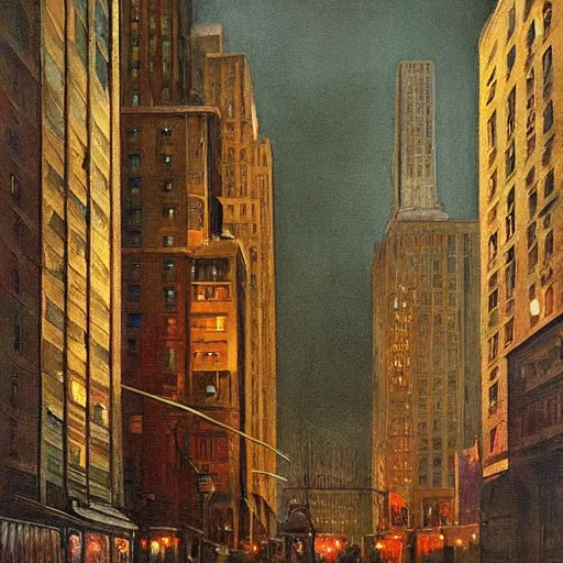 Image similar to muted color ultra realistic painting mirror dimesnions 1 9 2 5 boston downtown at night, dark, brooding, night, atmospheric, horror, cosmic, ultra - realistic, smooth, highly detailed in the style of clyde caldwell