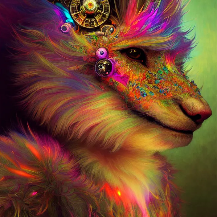 Prompt: bright psychedelic fluffy hairy animal cyborg, diffuse lighting, fantasy, intricate, elegant, highly detailed, lifelike, photorealistic, digital painting, artstation, illustration, concept art, smooth, sharp focus, art by John Collier and Albert Aublet and Krenz Cushart and Artem Demura and Alphonse Mucha