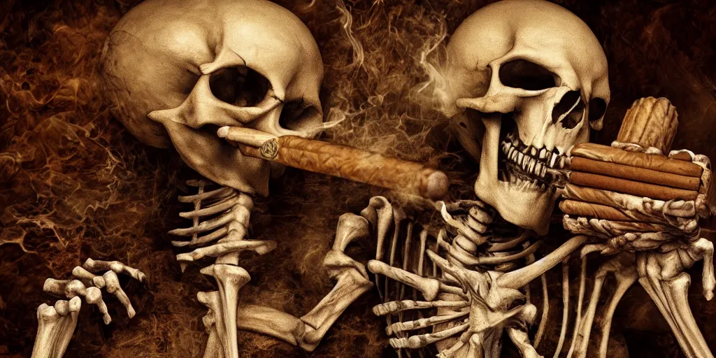 Prompt: Skeleton with a cigar in the style of a death metal cover art, realistic 4k octane beautifully detailed render, 4k post-processing, highly detailed, intricate complexity, epic composition, magical atmosphere, cinematic lighting, masterpiece, ultra hd
