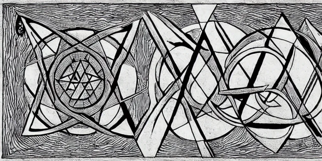 Image similar to wicca magik symbols, optical illusion escher, magical symbols