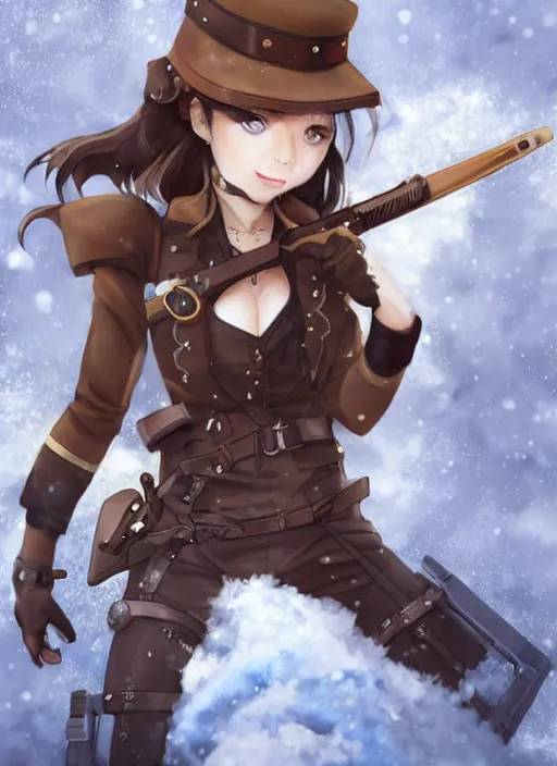 Image similar to girl with steampunk weapons and uniform, serious, intense, finely detailed, made by artgerm, full body portrait, illustration, snow, snowing, cloudy, anime, side view, perfect anime face, realistic face, zoomed out, smooth, brown eyes, high waisted shorts, sharp focus