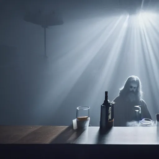 Image similar to a still of jesus sitting down on a stool at the bar, last call. it's dark and smoky. god rays through fog.