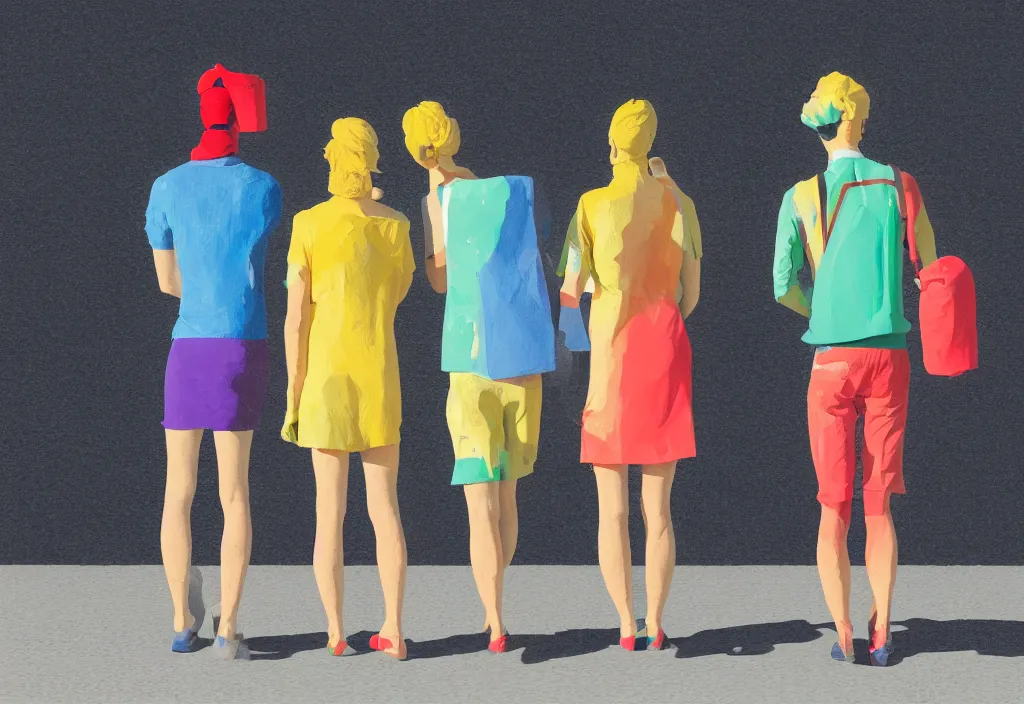 Image similar to full body portrait of a trio of european tourists with nikon cameras, rear views, character designs painting, in the style of wes anderson, rene magritte, lola dupre, david hockney, isolated on white background, dark monochrome neon spraypaint accents volumetric octane render