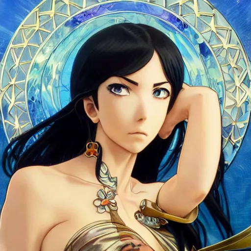 Image similar to highly detailed vfx portrait of nico robin by eiichiro oda!, makoto shinkai, alphonse mucha, sharp focus, art by artgerm and greg rutkowski!, harsh overhead sunlight, blue eyes!!, large aquiline nose!!, perfect face, stanley kubrick, kaoru mori, intricately detailed, behance, 4 k, hdr