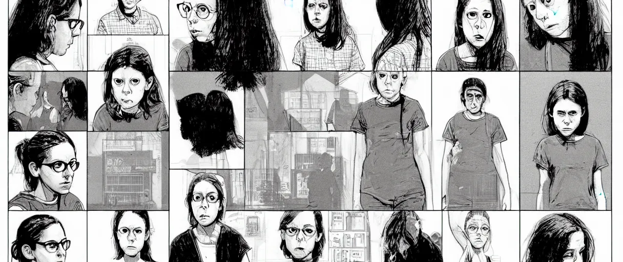 Prompt: character study of female todd solondz | vivid colors : storyboard, dramatic and emotional, concept design, realistic. by gabriel hardman, joe alves, j. todd anderson, chris bonura. cinematic atmosphere, detailed and intricate, perfect anatomy