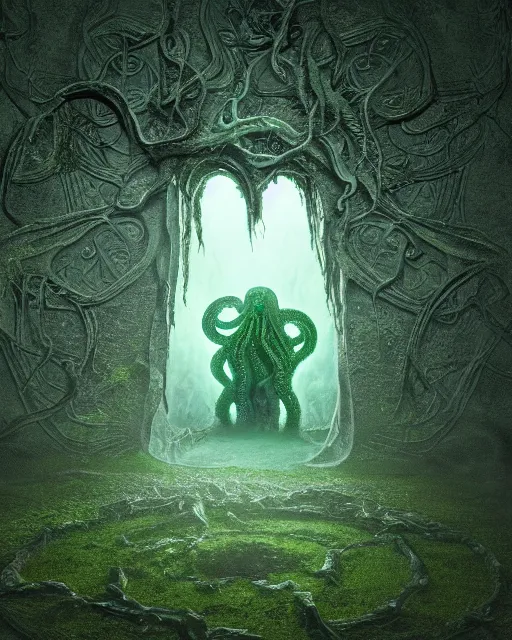 Image similar to highly detailed photograph of a lovecraftian ghost realm doorway with cthulhu beckoning in the center surrounded by mists, in the center of an old mossy cobblestone wall, photorealistic vivid 8 k resolution