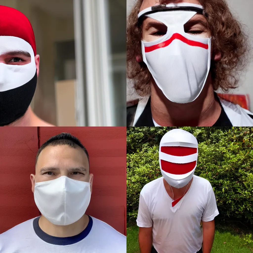 Prompt: a man wearing a white mask with a red stripe going from top to bottom that covers his entire face