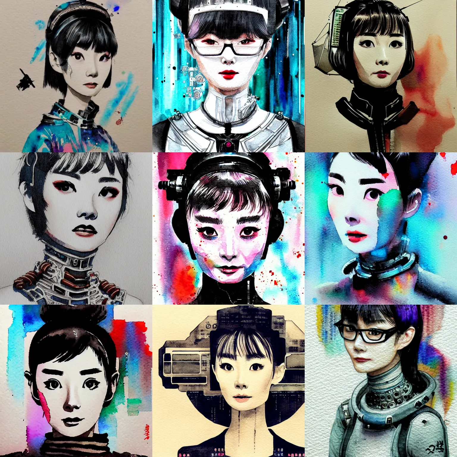 Prompt: korean audrey hepburn automata, intricate watercolor cyberpunk portrait by tim doyle