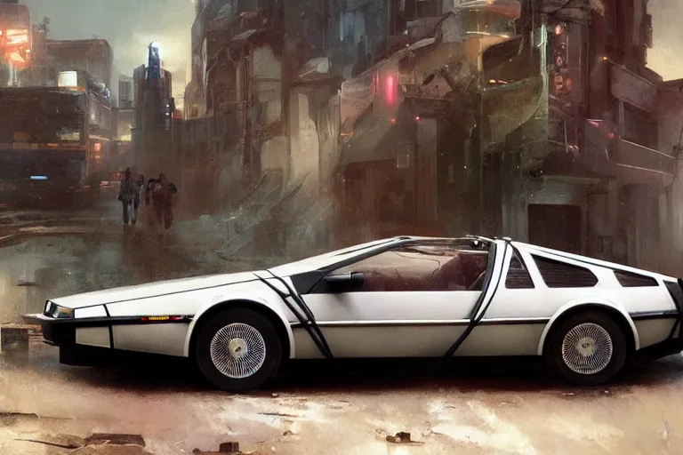 Image similar to photograph of the delorean, with a sleek spoiler, driving down the streets of a cyberpunk abandoned city, by greg rutkowski, by stanley artgerm, by alphonse mucha