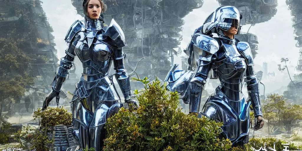 Prompt: full armored female knight errant in a high tech botanical world with blue skies | style by Dmitry Khrapovitsky, vincent callebaut, dramatic light | high detail | cinematic lighting | pristine metals, glass, plants | solarpunk | concept art |