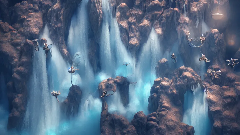 Prompt: flying ghosts!!! made of wax and water in a waterfall hyperdetailed, artstation, cgsociety, golden hour 8k