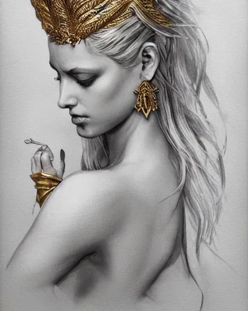 Image similar to tattoo design sketch of hot blonde super model as aphrodite greek goddess wearing a gold laurel wreath and triangle earrings, beautiful piercing gaze with sharp pupils, in the style of greg rutkowski, fantasy, amazing detail, epic, elegant, smooth, sharp focus, front view