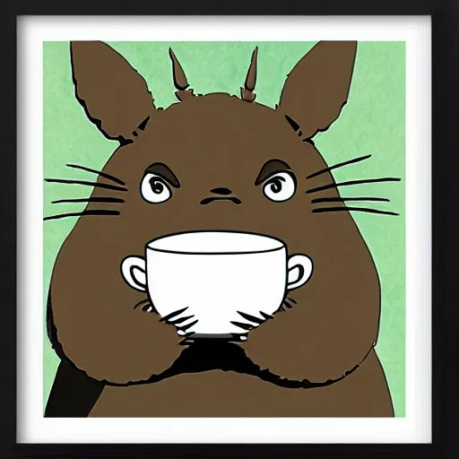 Image similar to totoro drinking coffee, art nouveau, print, detailed