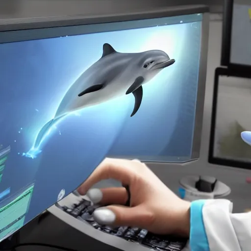 Image similar to An anthropomorphic grey dolphin in a white lab-coat playing games on a computer, digital painting, close-up, wearing a headset