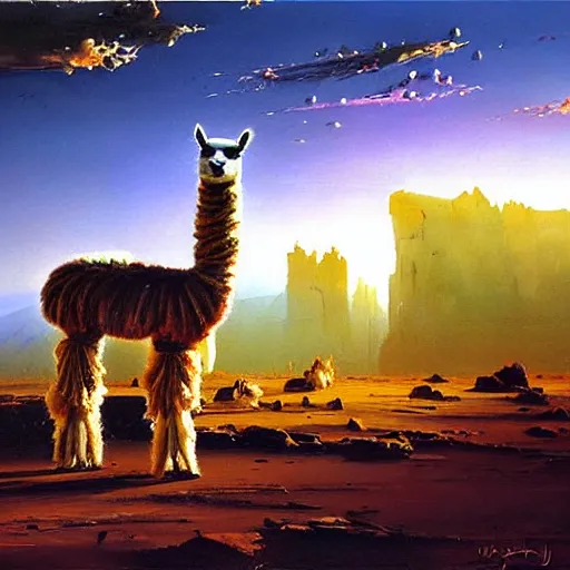 Prompt: llama with dreadlocks, epic scene, hyper-realistic oil painting by John Berkey. desert, night sky, hyper-realistic, oil painting by John Berkey