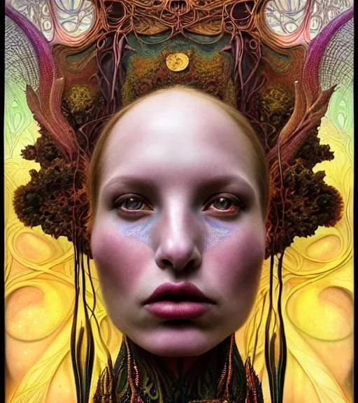 Prompt: detailed realistic beautiful young groovypunk queen of androme galaxy in full regal attire. face portrait. art nouveau, symbolist, visionary, baroque, giant fractal details. horizontal symmetry by zdzisław beksinski, iris van herpen, raymond swanland and alphonse mucha. highly detailed, hyper - real, beautiful