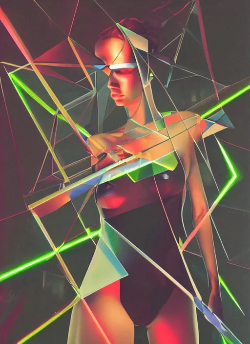 Image similar to futuristic fine lasers tracing, data visualization, cyberpunk bodysuit, tesseract, laserpunk, blindfold pyramid visor, rain, wet, oiled, sweat, girl pinup, by steven meisel, kaws, james jean and rolf armstrong, geometric cubist perfect geometry abstract acrylic and hyperrealism photorealistic airbrush collage painting with monochrome and neon fluorescent colors, eighties eros