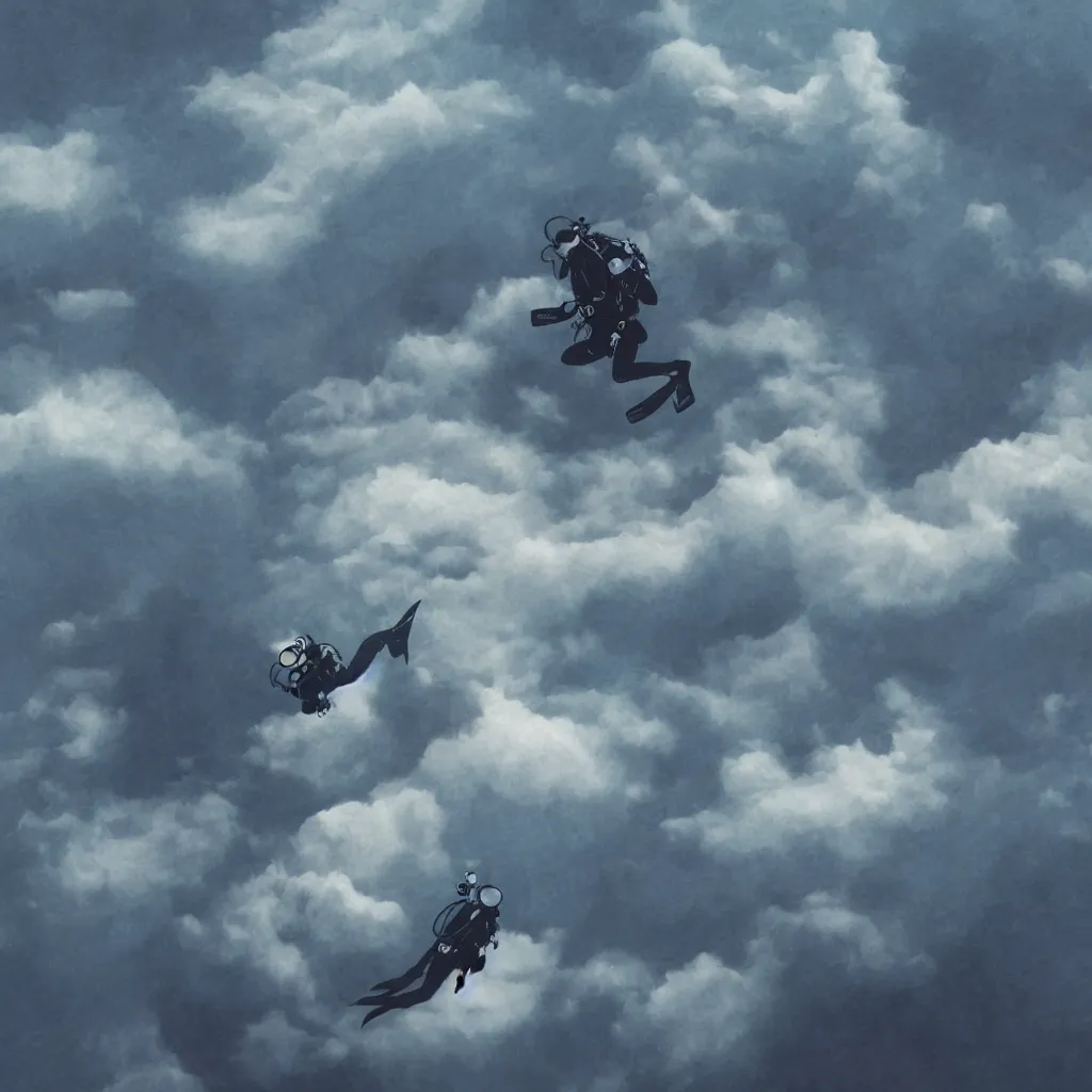 Image similar to a scubadiver floating above the clouds, closeup, digital illustration