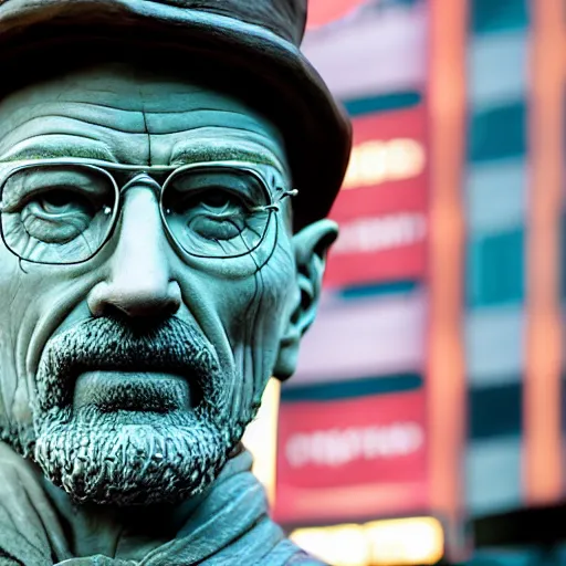 Image similar to a photograph of a very detailed renaissance clay sculpture of walter white wearing a phrygian cap in times square, made by michelangelo, shot from the distance, hyper detailed, sharp focus, 8 k resolution, ray tracing