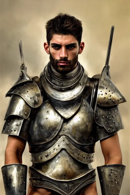 Image similar to a photorealistically painted portrait of a rugged young man, partially clothed in metal-plated battle armor, with an abstractly painted background, flawless olive skin, fair complexion, long dark hair, beautiful bone structure, perfectly symmetric facial features, perfect photorealistic eyes, muscular physique, intricate, elegant, digital painting, concept art, finely detailed, beautifully illustrated, sharp focus, minimal artifacts, volumetric lighting, from DOOM and Halo, by Ruan Jia and Mandy Jurgens and Artgerm and William-Adolphe Bouguerea, in the style of Greg Rutkowski, trending on Artstation, award winning art