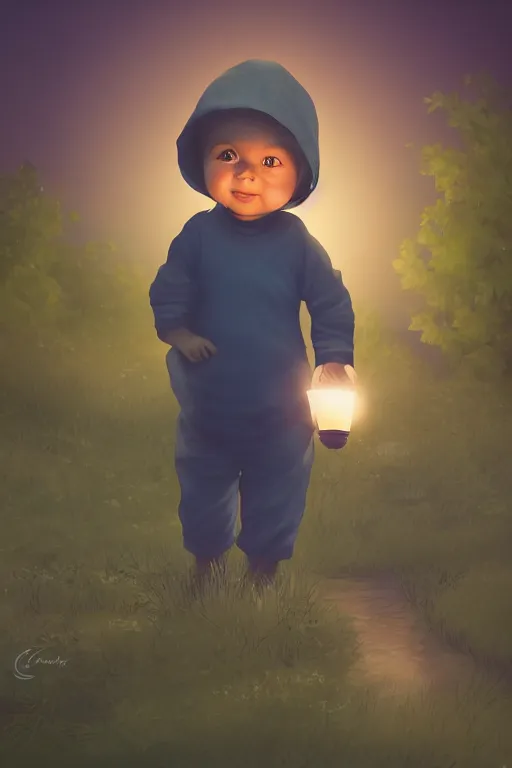 Prompt: a little boy carrying lantern at night, photorealistic face and skin tones, dreamy moonlit nightscape by the garden, lake house, smooth, matte colors, trending on artstation, 4 k, 8 k