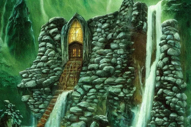 Image similar to an elven waterfall building by j. r. r. tolkien