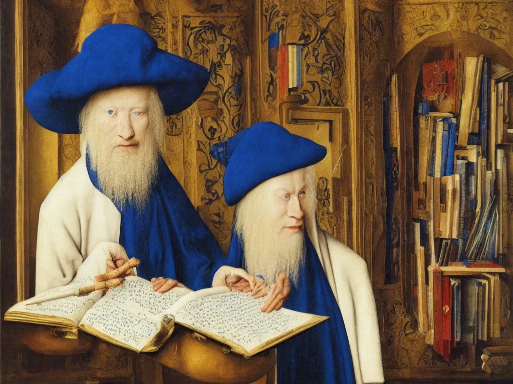 Image similar to Portrait of albino mystic with blue eyes, with books, large illustrated manuscripts. Painting by Jan van Eyck, Audubon, Rene Magritte, Agnes Pelton, Max Ernst, Walton Ford