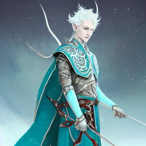 Prompt: a stunningly beautiful portrait of a handsome male snow elf in a turquoise cape and silver ornate armour as an archer, albino skin, pale pointed ears, ethereal opalescent mist, moonlight snow, perfect face, elegant, very coherent symmetrical artwork, atmospheric lighting, rule of thirds, by wenjun lin, krenz cushart, charlie bowater, trending on artstation