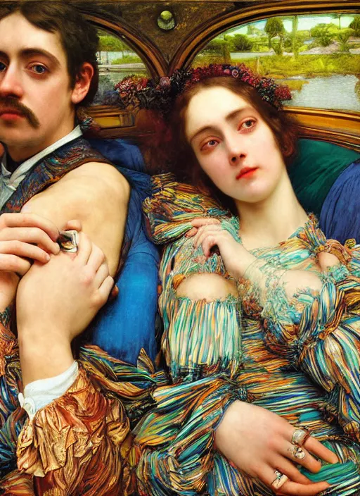 Prompt: detailed colourful masterpiece of photography couple portrait sat down extreme closeup, love, inside an underwater train, detailed realistic expressions, wearing unusual clothes, by ford madox brown and william powell frith frederic leighton and john william waterhouse and greg hildebrandt