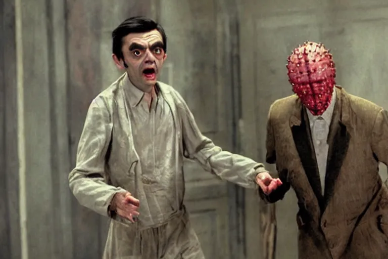 Prompt: VFX movie where Mr. Bean plays Pinhead from Hellraiser production photo