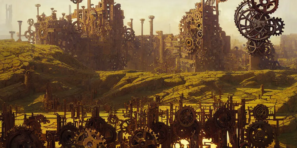 Image similar to giant interlocked gears cogs no people clockwork, giant mechanisms, industry, villages castles, buildings vista artstation illustration sharp focus sunlit vista painted by ruan jia raymond swanland lawrence alma tadema zdzislaw beksinski norman rockwell tom lovell alex malveda greg staples