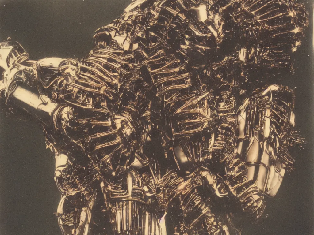 Image similar to autochrome of a 8 0 s polaroid flash photograph of a biomechanical armored creature looking at camera