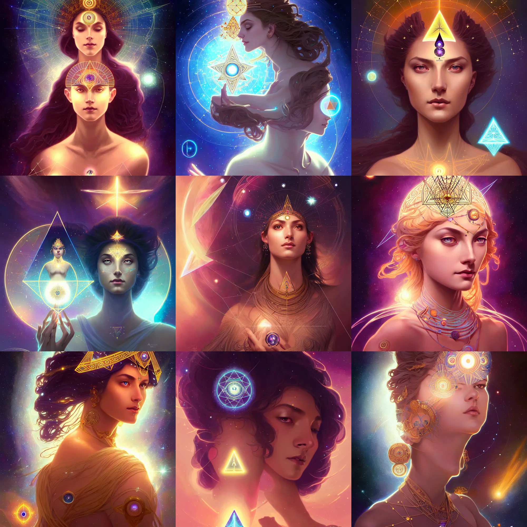 Prompt: a gallent goddess with glowing third eye chakra and hair, geometric third eye triangle, sci - fi face, constellation geometry mandal background, breathtaking stars, elegant, highly detailed, digital painting, artstation, concept art, smooth, sharp focus, spiritual art, art by artgerm and greg rutkowski and alphonse mucha, psychedelic