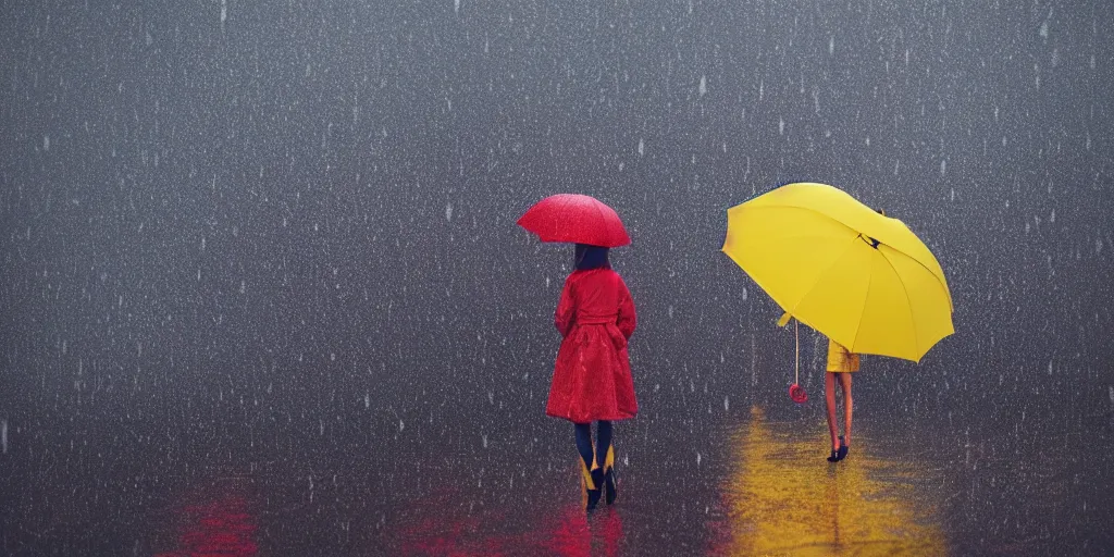 Image similar to a girl in a yellow raincoat and a red umbrella, standing in the rain on top of a roof, night, tokyo street, raining , wet, artstation, cgsociety, depth of field, bokeh, neon lights