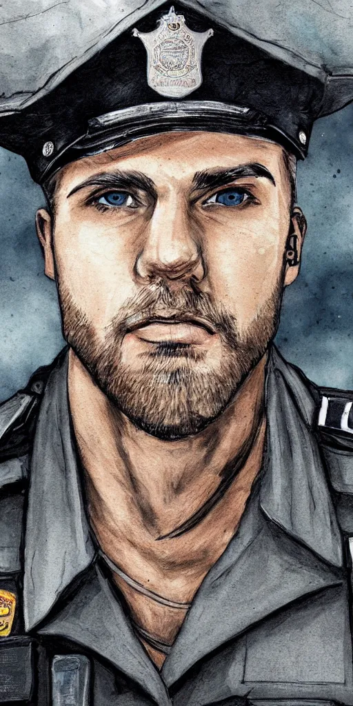 Image similar to portrait of a blonde police officer with short hair and a patchy beard, close up, grimy streets backgrop, detailed, art by loran desore