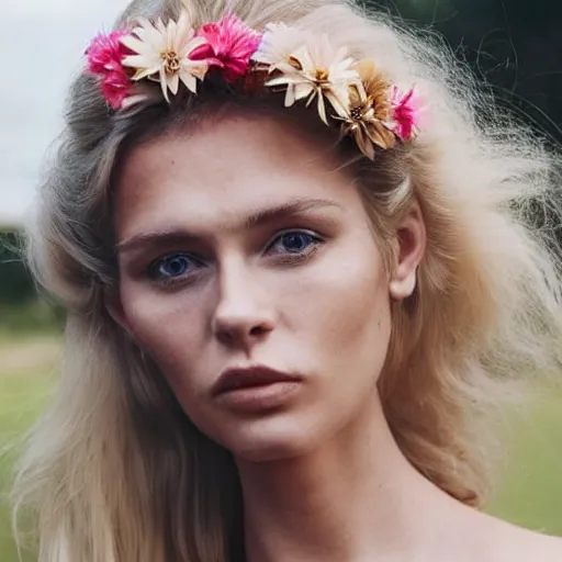 Image similar to vintage photograph of an olive skinned blonde female model in her twenties, her hair pinned up with flowers, wearing a designer top, looking content, focused on her neck, photo realistic, extreme detail skin, natural beauty, no filter, slr, golden hour, 8 k, high definition, selfie