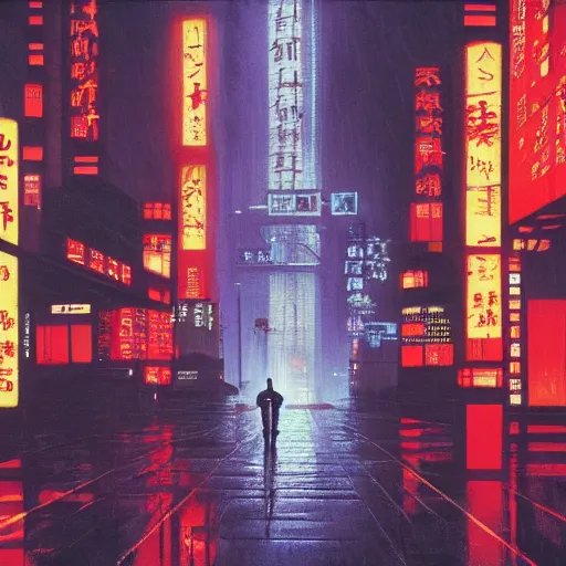 Image similar to high detailed lost soul in cyberpunk rainy city at night with a torii in the background by Syd Mead, high quality, 4K, UHD, trending on ArtStation, blade runner vibes, ghost in the shell, akira